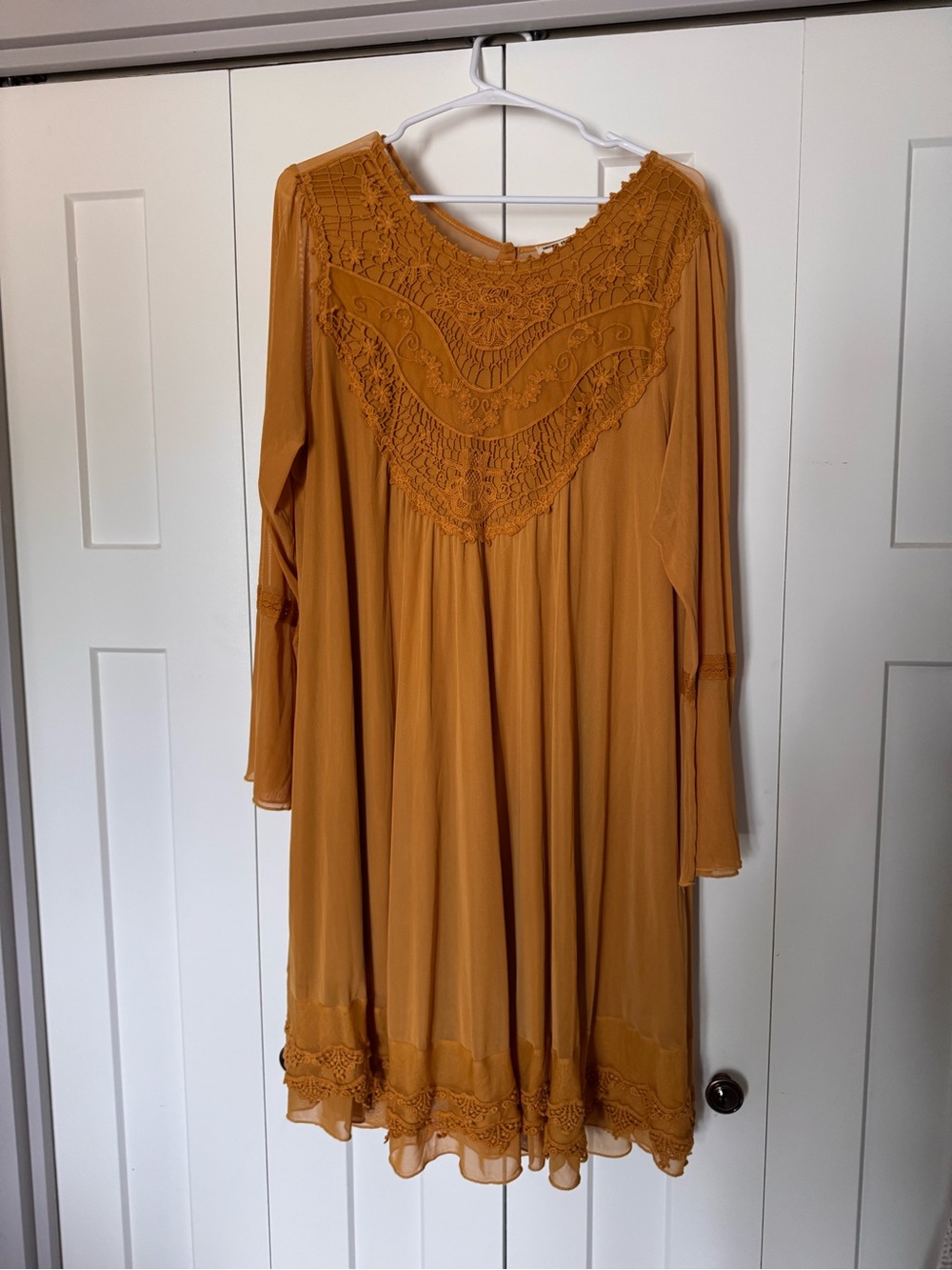 Indigo Thread Retro Boho Crochet Yoke Mini Dress in Mustard